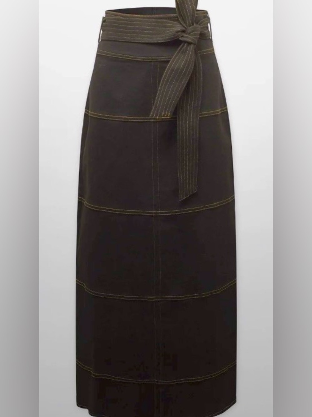 Womens Maxi Skirt with Contrast Stitching and Tie Belt - Black